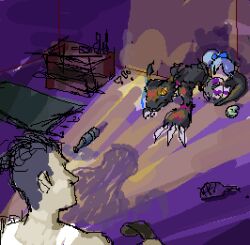 blackguilmon child claws digimon digimon_(creature) digimon_story:_sunburst_and_moonlight digital_hazard julia_(digimon) looking_at_another plasmi purple_hair ribbon shadow tail triangle yellow_eyes