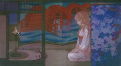 1girl architecture binggu573 blue_sash closed_eyes commentary_request east_asian_architecture fire folded_fan folding_fan hand_fan highres holding holding_fan indoors japanese_clothes kimono long_hair obi open_mouth pink_hair saigyouji_yuyuko saigyouji_yuyuko_(living) sash smile solo touhou wavy_hair white_kimono