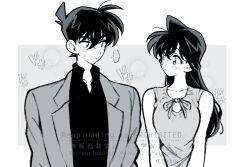 ... 1boy 1girl ba_ko bare_shoulders black_shirt blush breasts collared_shirt cowlick dress greyscale hair_between_eyes highres jacket kudou_shin&#039;ichi long_hair looking_at_another medium_breasts meitantei_conan monochrome mouri_ran shirt short_hair sleeveless sleeveless_dress spiked_hair spoken_ellipsis suit_jacket sweatdrop twitter_username upper_body