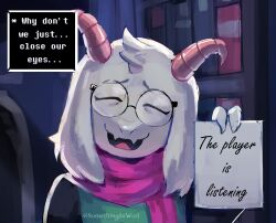 1boy artist_name closed_eyes commentary deltarune dialogue_box english_commentary english_text facing_viewer fangs floppy_ears furry furry_male green_robe highres holding holding_paper horns male_focus open_mouth paper pink_scarf ralsei robe round_eyewear scarf smile somethinginworl twitter_username white_fur