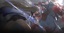 Rule 34 | 1girl, absurdres, arsinosa (wuthering waves), black collar, black dress, blonde hair, blue eyes, cartethyia (wuthering waves), collar, commentary, crown of thorns, dress, earrings, eien 001, feet out of frame, highres, holding, holding sword, holding weapon, jewelry, necklace, pointy ears, solo, sword, tacet discord (wuthering waves), thighs, weapon, wuthering waves