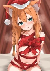 1girl animal_ear_fluff animal_ears arms_behind_back blue_archive blue_eyes blush bound fur-trimmed_headwear fur_trim hair_between_eyes hat highres long_hair looking_at_viewer mari_(blue_archive) naked_ribbon navel nude open_mouth orange_hair red_hat red_ribbon ribbon ribbon_bondage santa_hat sitting smile solo sweat wrapped_up zarashi