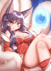 1girl ahri_(league_of_legends) animal_ear_fluff animal_ears bare_shoulders breasts chinese_clothes cleavage collarbone detached_sleeves face_paint fang fox_ears fox_tail hair_between_eyes highres horokusa_(korai) large_breasts league_of_legends long_hair looking_at_viewer multiple_tails off_shoulder sitting smile solo swept_bangs tail thick_thighs thighs very_long_hair yellow_eyes