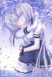 2girls artist_name black_gloves black_skirt blush bodysuit closed_eyes clothes_writing dated fuyutsuki_(kancolle) gloves grey_hair hachimaki headband highres hug kabocha_torute kantai_collection kiss long_hair multiple_girls pleated_skirt profile school_uniform serafuku short_sleeves skirt suzutsuki_(kancolle) twitter_username white_bodysuit white_headband white_skirt yuri