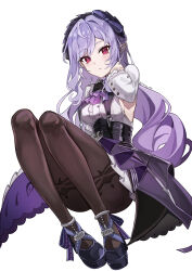 1girl absurdres ascot black_pantyhose black_skirt bow breasts center_frills closed_mouth commentary_request dress frills full_body hair_bow hand_up highres korean_commentary large_breasts liverpool0427 long_hair long_sleeves looking_at_viewer overskirt pantyhose patterned_legwear pointy_ears purple_ascot purple_bow purple_hair purple_shoes red_eyes shoes sidelocks simple_background skirt solo very_long_hair vivian_banshee white_background white_dress zenless_zone_zero