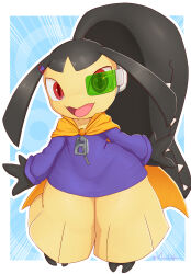 1girl absurdres arms_at_sides artist_name barefoot big_hair black_hair black_skin blue_background border cape clothed_pokemon colored_skin commission dress emphasis_lines extra_mouth female_focus flat_chest full_body gen_3_pokemon hair_ornament hairclip happy high_ponytail highres long_hair long_sleeves looking_at_viewer mawaifu mawile multicolored_skin nintendo open_mouth orange_cape outside_border pokemon pokemon_(creature) ponytail purple_dress red_eyes scouter sharp_teeth short_dress sidelocks signature smile solo standing teeth thick_thighs thighs twitter_username two-tone_skin very_long_hair white_border yellow_skin zipper zipper_pull_tab
