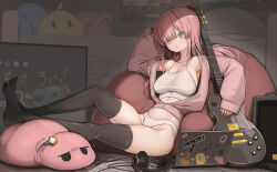 1girl black_thighhighs blue_eyes bocchi_the_rock! breasts camisole computer electric_guitar genek gotoh_hitori gotoh_hitori_(tsuchinoko) guitar headphones instrument jacket laptop large_breasts long_hair looking_at_viewer no_pants one_side_up open_clothes open_jacket panties pink_hair pink_jacket sitting thighhighs underwear unworn_headphones white_camisole white_panties