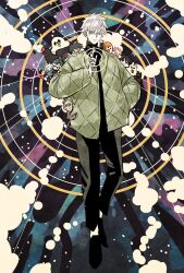 3girls 6+boys black_hair black_pants blonde_hair blue_eyes brown_hair chibi commentary confetti crossed_fingers dog full_body fushiguro_megumi gojou_satoru green_hair green_jacket gyokuken highres ieiri_shoko inumaki_toge itadori_yuuji jacket jujutsu_kaisen looking_at_viewer multiple_boys multiple_girls nanami_kento okkotsu_yuuta on_shoulder panda panda_(jujutsu_kaisen) pants pink_hair ponytail short_hair spiked_hair takeuchi_ryousuke white_hair wolf zen&#039;in_maki