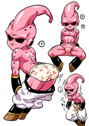 ... 1boy 1cuntboy ? absurdres antennae aqua_tongue ass back belt belt_buckle black_belt black_bracer black_sclera bow bow_panties bracer brown_shoes buckle cameltoe cherry_print collarbone colored_sclera colored_skin cuntboy cuntboy_only dragon_ball dragonball_z fang food_print fruit_print full_body gold_buckle hands_on_own_knees highres hole_on_body kid_buu legs_apart looking_back majin_buu male_focus male_underwear multiple_views muscular muscular_male navel no_eyebrows obata2nd open_mouth panties pants pectorals pee peeing peeing_self pink_male_underwear pink_skin plaid_clothes plaid_panties pussy red_eyes sharp_teeth shiny_skin shirtless_male shoes simple_background speech_bubble spoken_ellipsis spoken_question_mark spread_legs teeth topless_male trembling underwear upper_teeth_only upturned_eyes white_male_underwear white_pants