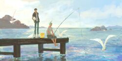 2boys animal animal_on_head barefoot bird bird_on_head bucket fishing fishing_rod full_body hat highres holding holding_fishing_rod holding_unworn_clothes holding_unworn_hat male_focus multiple_boys ocean on_head one_piece outdoors pier plytometo rock roronoa_zoro seagull shirt sitting trafalgar_law unworn_hat unworn_headwear white_shirt
