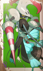 Rule 34 | 1girl, 1other, absurdres, armor, brown dress, bug miku (project voltage), dress, escavalier, gen 5 pokemon, green background, grey eyes, grey hair, h null, hatsune miku, highres, insect wings, knight, lance, long hair, long sleeves, looking at viewer, looking back, nintendo, official alternate costume, official alternate hairstyle, poke ball symbol, pokemon, pokemon (creature), polearm, project voltage, simple background, vocaloid, weapon, wings, yellow eyes