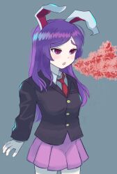 1girl animal_ears black_jacket blazer breath_weapon breathing_fire collared_shirt commentary_request cookie_(touhou) cowboy_shot fire grey_background highres hisui_(cookie) jacket long_hair long_sleeves looking_afar necktie open_mouth pink_skirt pleated_skirt pro55h purple_hair rabbit_ears rabbit_girl red_eyes red_necktie reisen_udongein_inaba shirt simple_background skirt solo swept_bangs touhou white_shirt