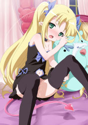 1girl :o absurdres ahoge astarotte_ygvar bad_id bad_pixiv_id bare_shoulders bear bed black_dress black_neckwear black_thighhighs blonde_hair blue_bow blue_ribbon blush bow bow_panties breasts choker clothing_cutout cum curtains demon_tail dress embarrassed fang female_focus flat_chest green_eyes greeze18 grezia hair_bow hair_ribbon hand_on_own_thigh head_tilt heart highres indoors knees_up lace lace-trimmed_panties lace_trim loli long_hair looking_at_viewer lotte_no_omocha! navel navel_cutout night nipple_slip nipples no_bra nose_blush on_bed open_mouth panties pantyshot parted_bangs partially_visible_vulva pink_panties pussy_juice ribbon short_dress sidelocks sitting small_breasts solo spread_legs strap_gap strap_slip stuffed_animal stuffed_toy sweatdrop tail thighhighs twintails two_side_up underwear very_long_hair wanaca white_panties window