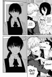 1other 2girls 4koma animal animal_hug black_hair blush chainsaw_man collared_shirt comic cosiecottage denji_(chainsaw_man) dress english_text fourth_east_high_school_uniform greyscale hair_between_eyes highres husky licking licking_another&#039;s_face long_hair looking_at_another meowy_(chainsaw_man) mitaka_asa monochrome multiple_girls nayuta_(chainsaw_man) neck_ribbon one_eye_closed pinafore_dress ribbon ringed_eyes school_uniform shirt short_hair sleeveless sleeveless_dress speech_bubble sweatdrop twintails twitter_username white_hair