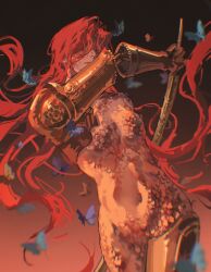 1girl breasts brown_background chibuchileijing cowboy_shot elden_ring facing_viewer gradient_background highres holding holding_sword holding_weapon long_hair malenia_blade_of_miquella malenia_goddess_of_rot mechanical_arms navel nude prosthesis prosthetic_arm prosthetic_leg red_hair scar scars_all_over single_mechanical_arm solo standing sword too_many weapon