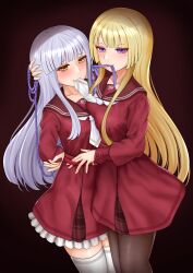 2girls arms_behind_back assault_lily asymmetrical_docking bdsm belt belt_buckle black_background blonde_hair blunt_bangs blush bondage bound bound_arms breast_press breasts brown_pantyhose brown_sailor_collar buckle closed_mouth collarbone commentary cowboy_shot frilled_skirt frills gradient_background grey_hair hair_ribbon hand_on_another&#039;s_head hand_up high-waist_skirt highres holding holding_rope imai_tomohiro kanba_girls_high_school_uniform kon_kanaho long_hair looking_at_viewer medium_breasts miniskirt miyagawa_takane mouth_hold multiple_girls necktie necktie_in_mouth pantyhose plaid_clothes plaid_skirt purple_ribbon raised_eyebrows red_background red_belt red_shirt red_skirt ribbon ribbon_in_mouth rope sailor_collar school_uniform serafuku shirt short_necktie sidelocks skirt smile thighhighs very_long_hair white_necktie white_thighhighs yuri