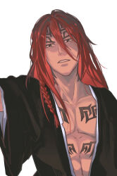 1boy abarai_renji abs black_eyes black_kimono bleach braid chest_tattoo collarbone forehead_tattoo hair_between_eyes highres japanese_clothes kimono long_hair male_focus neck_tattoo parted_lips pectorals red_hair reiichi_(zerozo) side_braid solo stomach_tattoo tattoo upper_body white_background wide_sleeves