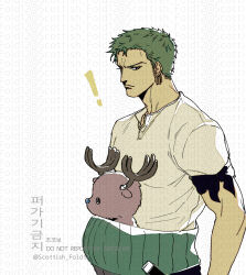 ! 2boys antlers bandana_around_arm blue_nose commentary_request earrings green_hair haramaki horns jewelry korean_commentary looking_at_viewer male_focus multiple_boys one_piece reindeer_antlers roronoa_zoro scottish_fold12 shirt short_hair t-shirt tony_tony_chopper twitter_username upper_body white_shirt