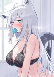 1girl absurdres ahoge animal_ear_fluff animal_ear_piercing animal_ears aqua_eyes black_bra black_panties blush bra breasts cleavage closed_mouth commentary_request condom condom_in_mouth deaver fox_ears fox_girl fox_tail from_side hair_between_eyes heart heart-shaped_pupils highres hololive indoors lace lace_bra lace_panties large_breasts lingerie long_hair looking_at_viewer mouth_hold paid_reward_available panties panties_around_tail pentagram shirakami_fubuki solo symbol-shaped_pupils tail underwear underwear_only unworn_panties upper_body virtual_youtuber white_hair