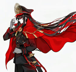 1girl absurdres belt black_belt black_hair black_hat black_jacket black_pants buttons cape commentary fate/grand_order fate_(series) from_side gloves hat highres jacket katana long_sleeves oda_nobunaga_(fate) oda_nobunaga_(koha-ace) oda_uri pants peaked_cap red_cape red_eyes simple_background smile solo sword symbol-only_commentary upper_body weapon white_background white_gloves wind xixing_chun