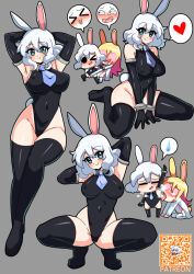 &gt;_&lt; 2girls :d acefish ami_(acefish) arm_up armpits arms_behind_head arms_up bare_shoulders black_leotard black_thighhighs blonde_hair blue_eyes blush boots breasts covered_erect_nipples detached_sleeves full_body glasses hair_between_eyes head_tilt heart large_breasts leaning_forward legs_together leotard licking licking_armpit mary_(acefish) multiple_girls navel necktie nipples opaque_glasses open_mouth original rabbit_ears rabbit_girl rabbit_tail round_eyewear simple_background smile spoken_heart spread_legs squatting sweat sweatdrop thigh_boots thighhighs thighs tiptoes white_hair