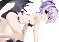 1girl akisome_hatsuka all_fours ass bat_wings bikini black_bikini breasts commentary_request hair_intakes hair_ornament hair_scrunchie looking_at_viewer low_wings pointy_ears ponytail purple_hair red_eyes remilia_scarlet scrunchie short_hair side-tie_bikini_bottom sideboob simple_background small_breasts solo swimsuit touhou white_background wings