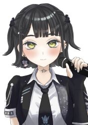 Rule 34 | 1girl, absurdres, black hair, black jacket, black necktie, closed mouth, collared shirt, commentary, expressionless, flipped hair, green eyes, hair ornament, highres, holding, holding microphone, i do me! (love live!), jacket, link! like! love live!, looking at viewer, love live!, microphone, momose ginko, necktie, official alternate costume, open clothes, open jacket, ponyou1030, shirt, short-sleeved jacket, short hair, short sleeves, simple background, solo, straight-on, two side up, upper body, virtual youtuber, white background, white shirt, x hair ornament