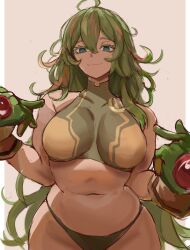 1girl :3 bikini bikini_bottom_only blush boku_no_hero_academia breasts bright_pupils colored_eyelashes commentary cowboy_shot crop_top english_commentary eyelashes gloves green_bikini green_gloves green_hair hagakure_toru half-closed_eyes hands_up highres long_hair multicolored_hair navel nose_blush official_alternate_costume pink_hair plump pointing pointing_at_self rakeemspoon revision simple_background solo streaked_hair swimsuit thighs turtleneck_bikini_top twitter_username very_long_hair white_pupils yellow_background yellow_bikini