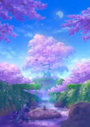 absurdres au_ito blue_sky brick_wall canal cat cherry_blossoms cloud commentary_request falling_petals fantasy grass highres moon nature no_humans original outdoors overgrown oversized_plant petals plant rock ruins say scenery sky telescope tree vines