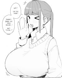 &gt;_o 1girl :d blunt_bangs blush boobs_kouhai_(ohasi) breasts collared_shirt english_text fang furrowed_brow greyscale hand_up highres huge_breasts long_hair long_sleeves looking_at_viewer monochrome notice_lines ohasi one_eye_closed open_mouth original shirt sidelocks simple_background skin_fang smile solo speech_bubble sweater_vest twintails upper_body white_background