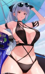 Rule 34 | 1girl, absurdres, adjusting eyewear, arm rest, arm up, armband, armpits, bare shoulders, beach umbrella, belt, bikini, black armband, black belt, black bikini, black collar, black gloves, black survival, blue sky, blunt bangs, breasts, cleavage, cloud, collar, collarbone, commentary, criss-cross straps, cup, day, drinking glass, english commentary, eternal return: black survival, eyewear on head, glint, gloves, grey eyes, grey hair, half gloves, haze (black survival), haze (private summer) (black survival), highres, holding, holding cup, long hair, looking at viewer, multi-strapped bikini bottom, multi-strapped bikini top, navel, official alternate costume, open mouth, outdoors, ponytail, purple hair, red pupils, schoppi 0731, sideboob, sidelocks, sky, solo, standing, sticker, stomach, sunglasses, swimsuit, teeth, thigh belt, thigh strap, thighs, umbrella, under umbrella, upper teeth only, very long hair, weapon case, wet, wine glass