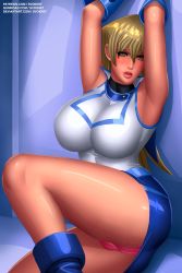 1girl arms_up artist_name ass bdsm blonde_hair blue_background blue_boots blue_gloves blue_skirt blush bondage boots bound breasts cameltoe dress elbow_gloves eyeliner female_focus gloves highres huge_ass huge_breasts latex latex_boots latex_dress latex_gloves latex_skirt latex_top lipstick long_hair makeup panties pink_lips pink_panties shiny_clothes shiny_skin sideboob skirt solo svoidist tenjouin_asuka thick_thighs thighs underwear very_long_hair watermark web_address yellow_eyes yu-gi-oh! yu-gi-oh!_gx
