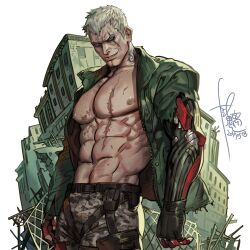 1boy absurdres bara bare_pectorals belt bryan_fury camouflage camouflage_pants closed_mouth evil_smile green_jacket grey_eyes grey_hair highres jacket long_sleeves looking_at_viewer male_focus military_jacket navel nipples open_clothes open_jacket pants pectorals scar scar_on_chest short_hair signature simple_background smile solo stomach tattoo tekken tekken_7 torn_clothes torn_jacket upper_body white_background yi_lee