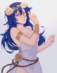 1girl armlet artist_request bare_arms bare_shoulders blue_eyes blue_hair bracelet breasts cleavage clenched_hands collarbone dress eyelashes female_focus fire_emblem fire_emblem_awakening fire_emblem_heroes flower gradient_background hair_between_eyes hair_flaps hair_flower hair_ornament hands_up highres index_finger_raised jewelry light_smile lips long_hair looking_at_viewer looking_to_the_side lucina_(fire_emblem) lucina_(valentine)_(fire_emblem) matching_hair/eyes neck nintendo no_bra official_alternate_costume parted_bangs rope_belt side_slit sidelocks sleeveless sleeveless_dress small_breasts standing sundress thighs white_dress