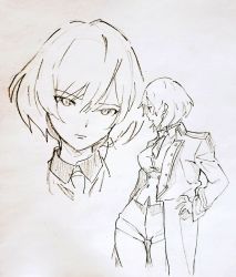 Rule 34 | 1girl, breasts, collared shirt, corset, frown, greyscale, gridman universe, hair behind ear, hand on own hip, head tilt, jacket, looking to the side, manamisan, medium breasts, monochrome, mujina, multiple views, necktie, shirt, short hair, shorts, ssss.dynazenon, traditional media