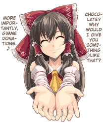 1girl angry asu_hare bow brown_hair closed_eyes detached_sleeves female_focus hair_bow hakurei_reimu hard-translated highres japanese_clothes miko simple_background smile solo text_focus third-party_edit touhou translated valentine white_background