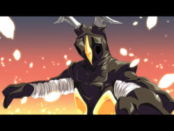 1boy alien antennae baasaku_(balasaku24) black_carapace black_skin carapace colored_skin commentary facing_ahead foreshortening glowing glowing_chest glowing_eyes gradient_sky grey_sky highres kaiju letterboxed light_particles male_focus monster monster_focus multicolored_sky orange_sky outdoors outstretched_arms sky solo sunset tokusatsu ultra_series ultraman_(1st_series) upper_body yellow_eyes yellow_sky zetton