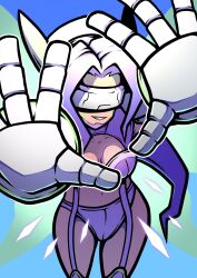 1girl bikini blue_background breasts cleavage cowboy_shot danzart_24 digimon digimon_(creature) digimon_frontier fairimon fairy_wings head-mounted_display highres long_hair parted_lips purple_bikini purple_hair simple_background smile solo swimsuit teeth wings