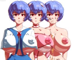 1girl angelauxes ayanami_rei body_writing breasts covered_erect_nipples crop_top cum cum_on_body cum_on_breasts cum_on_upper_body huge_breasts neon_genesis_evangelion nipples short_hair tally underboob
