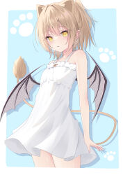 1girl absurdres animal_ears bat_wings blonde_hair blue_background border cowboy_shot demon_wings dress hair_intakes highres indie_virtual_youtuber lion_ears lion_girl lion_tail looking_at_viewer parted_lips paw_print paw_print_background rurudo_lion rurudo_lion_(1st_costume) short_hair sidelocks simple_background sleeveless sleeveless_dress solo sundress tail white_border white_dress wings yamamotokeisuke1004 yellow_eyes
