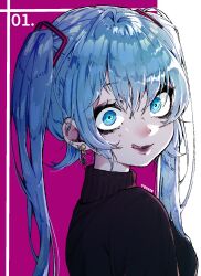 1girl aqua_eyes aqua_hair artist_name black_eyeliner black_eyeshadow black_sweater earrings eyeliner eyeshadow hair_between_eyes hatsune_miku highres jewelry licking_lips long_hair long_sleeves looking_at_viewer makeup multiple_earrings parted_lips smile solo speech_bubble sweater teyoid tongue tongue_out turtleneck turtleneck_sweater twintails very_long_hair vocaloid