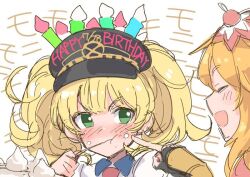 Rule 34 | 2girls, birthday, birthday cake, blonde hair, cake, cheek poking, closed eyes, collared shirt, commentary request, contrast collar, dated, eating, food, green eyes, happy birthday, ito ryo, long hair, medium hair, monika weisswind, multiple girls, ninon (princess connect!), orange hair, poking, portrait, princess connect!, profile, shirt, twintails, white shirt