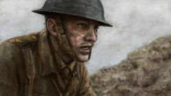 1boy abramgrosky_(aby) black_hair blurry brodie_helmet combat_helmet commentary commentary_request dirty dirty_face english_commentary epaulettes grey_eyes helmet highres load_bearing_equipment male_focus manly military military_uniform mixed-language_commentary open_mouth original partial_commentary revision signature soldier solo united_kingdom upper_body war world_war_ii