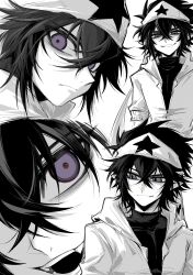 1boy absurdres aotu_world bags_under_eyes black_hair black_shirt chinese_commentary closed_mouth fangs greyscale grin hair_between_eyes headband highres hood hood_down hooded_jacket hoodie jacket liverginst looking_at_viewer male_focus monochrome multiple_views open_clothes pointy_ears purple_eyes ray_(aotu_world) shaded_face shirt short_hair simple_background smile spot_color star_(symbol) star_print turtleneck white_background white_headband white_jacket