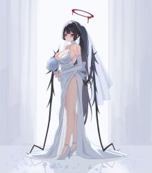 1girl absurdres alternate_costume bare_shoulders black_hair black_wings blue_archive bouquet breasts bridal_veil bride dress elbow_gloves flower full_body gloves halo highres holding holding_bouquet large_breasts long_hair musclexm red_eyes simple_background sleeveless sleeveless_dress smile solo standing strapless strapless_dress tsurugi_(blue_archive) veil wedding_dress white_dress white_gloves wings
