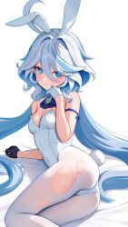 1girl absurdres ahoge animal_ear_hairband animal_ears ascot ass asymmetrical_gloves bare_shoulders bed_sheet black_gloves blue_ascot blue_eyes blue_gemstone blue_hair blue_pupils blush breasts cleavage closed_mouth commentary_request covered_navel drop-shaped_pupils fake_animal_ears fake_tail furina_(genshin_impact) gem genshin_impact gloves hair_between_eyes hairband hand_up heterochromia highres leotard long_hair lying medium_breasts mismatched_gloves multicolored_hair on_side pantyhose playboy_bunny rabbit_ears rabbit_tail rrr_gns_(riuriu_1212) solo strapless strapless_leotard streaked_hair symbol-shaped_pupils tail torn_clothes torn_pantyhose very_long_hair white_gloves white_hair white_hairband white_leotard white_pantyhose