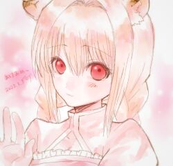 Rule 34 | 1girl, 2022, :3, animal ears, arch bishop (ragnarok online), blonde hair, blush, chinese zodiac, closed mouth, commentary request, hair intakes, long hair, looking at viewer, pink theme, ragnarok online, red eyes, shirokuro (erisnoa), smile, solo, tiger ears, translation request, upper body, waving, year of the tiger