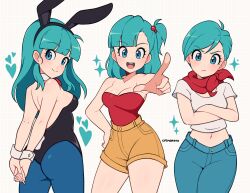 1girl absurdres alternate_costume animal_ears aqua_hair artist_name bandana bare_shoulders black_leotard blue_eyes blue_pants blue_pantyhose breasts bulma cleavage cremanata crossed_arms denim detached_collar dragon_ball dragon_ball_(classic) dragon_ball_super grid_background heart highres jeans leotard long_hair looking_at_viewer midriff multiple_views navel open_mouth orange_shorts pants pantyhose playboy_bunny pointing pout rabbit_ears rabbit_tail red_bandana red_shirt shirt short_hair short_shorts short_sleeves shorts sparkle strapless strapless_shirt tail teeth upper_teeth_only white_background white_shirt white_wrist_cuffs wrist_cuffs