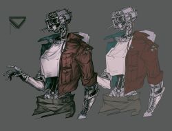1other asymmetrical_sleeves brown_pants cable cropped_legs grey_background highres humanoid_robot jacket joints juerucj multicolored_jacket multiple_views open_clothes open_jacket original pants red_eyes red_jacket robot robot_joints shirt shirt_overhang sleeves_rolled_up two-tone_jacket white_shirt