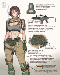 1girl abs absurdres ammunition_pouch armor artist_name astra_militarum belt_pouch boot_knife boots breasts camouflage catachan_jungle_fighter charm_(object) cleavage fangs fingerless_gloves gloves greaves gun handgun headband headset highres holster knee_pads knife large_breasts lasgun looking_at_viewer military_uniform object_focus pauldrons pink_eyes pouch radio red_headband short_hair shoulder_armor signature skull smile solo submachine_gun toned warhammer_40k weapon zephart